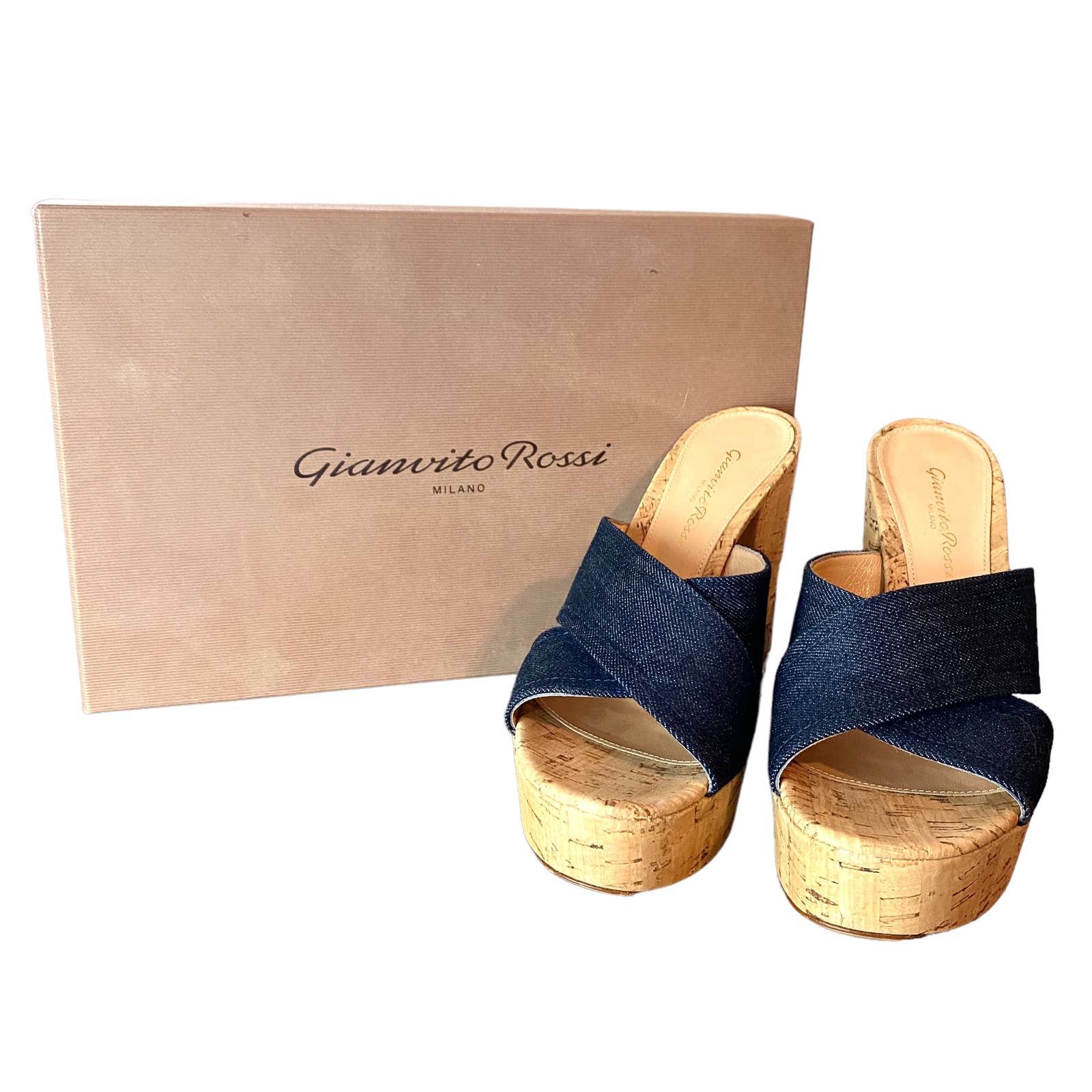 Gianvito Rossi Womens Blue Denim Platform Cork Block Heels Open Toe Sandals Sz 7